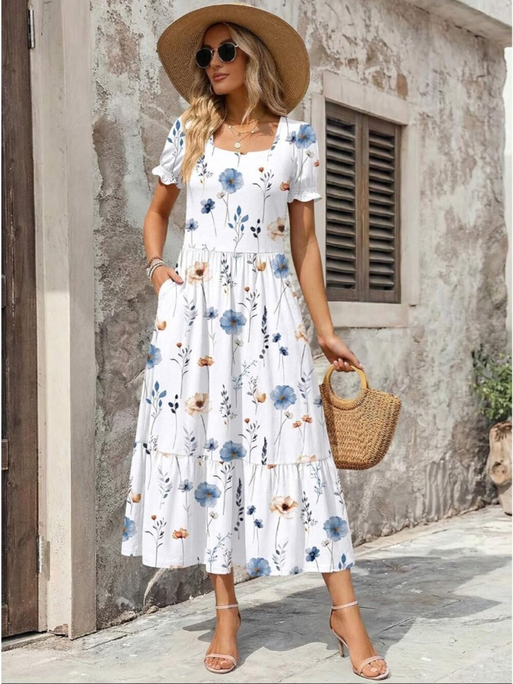 Zeagoo Women's White Floral Flowy Casual Short Sleeve Tiered Midi Maxi Dress - Picture 2 of 6
